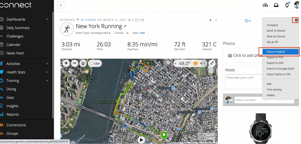 garmin connect export stats